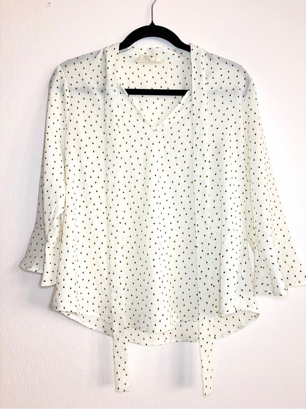 Cream V-Neck Polka Dot Blouse with Tie Neck